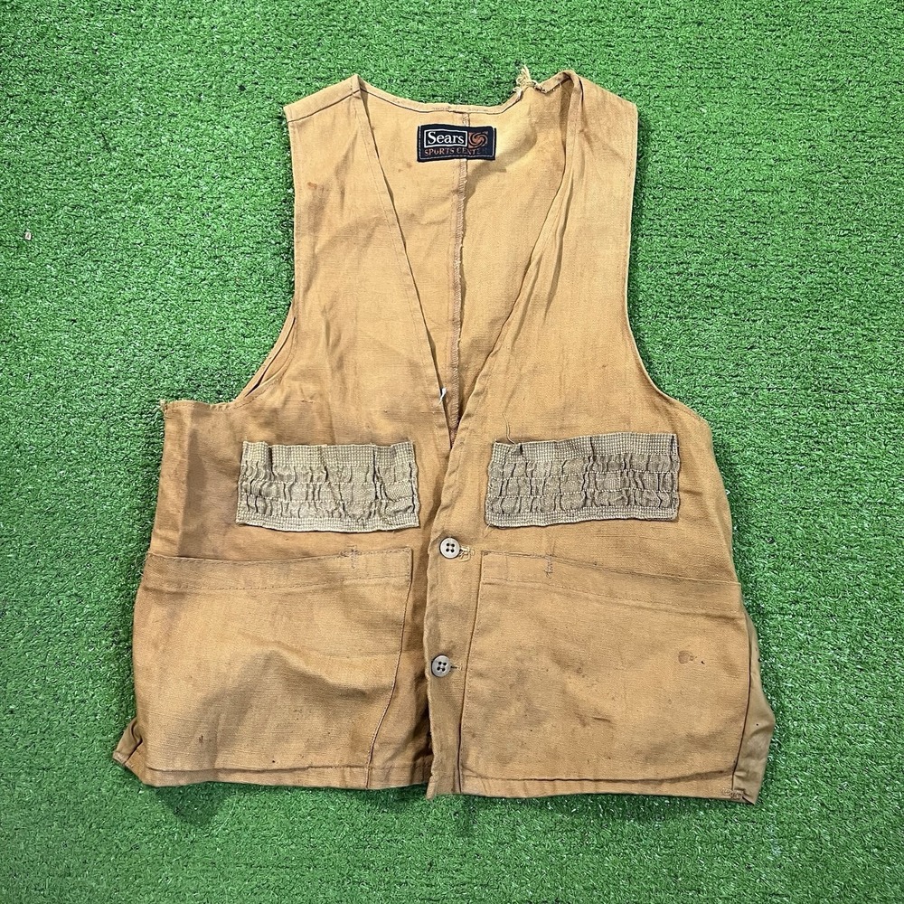 VTG Canvas Hunting Vest SM Sears Tactical Tan Bird Pouch Cotton Ammo Holder 60s
